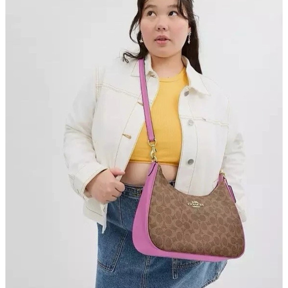Coach Teri Hobo Bag In Signature Canvas Crossbody In Gold/Tan/Fuschia CV940 NWT - Picture 6 of 11